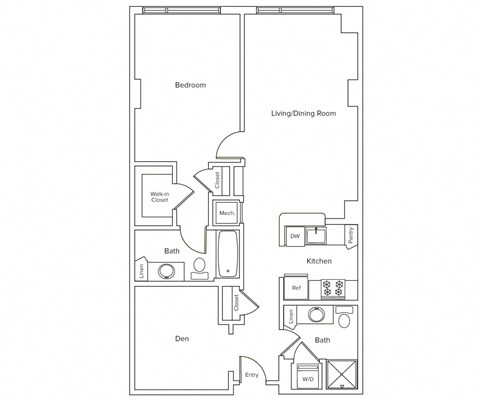 Floor plan for 1 bed, 2 baths, 895 sqft